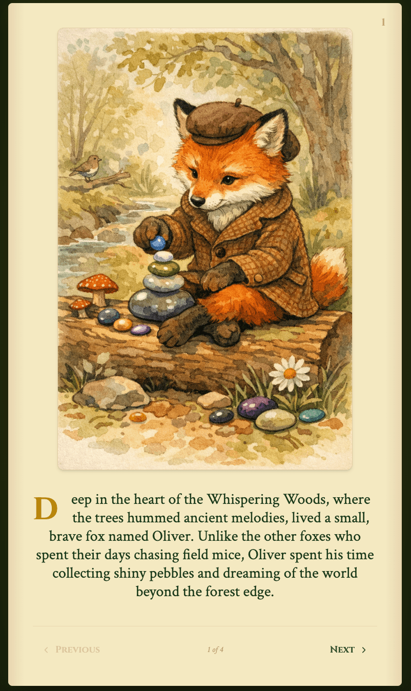 Storybook Weaver story page with watercolor illustration of a fox
